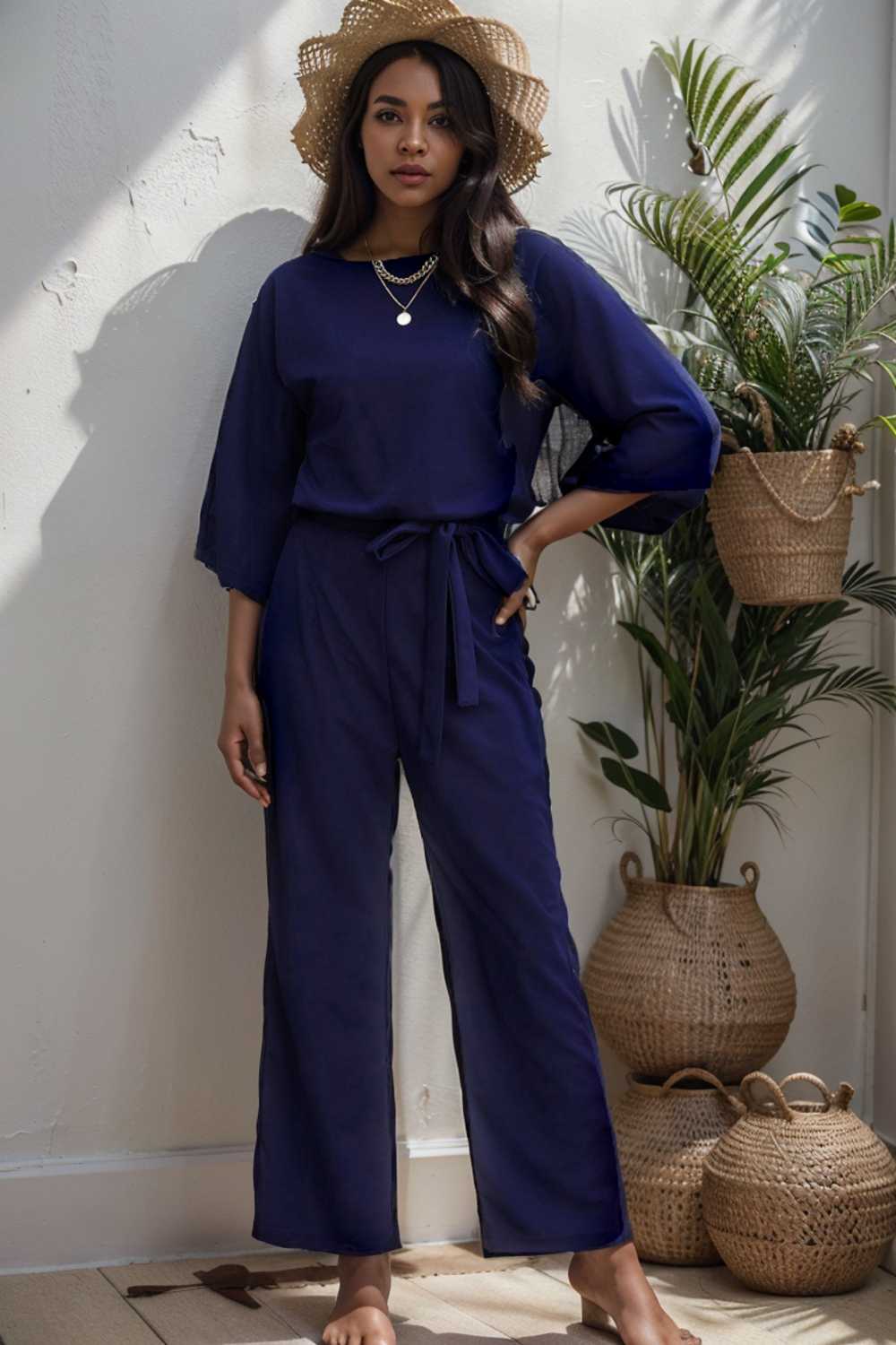 solid color one shoulder short sleeve jumpsuit 109092