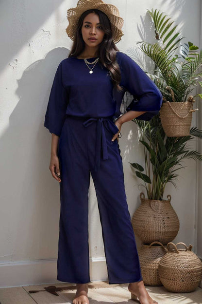 solid color one shoulder short sleeve jumpsuit 109092