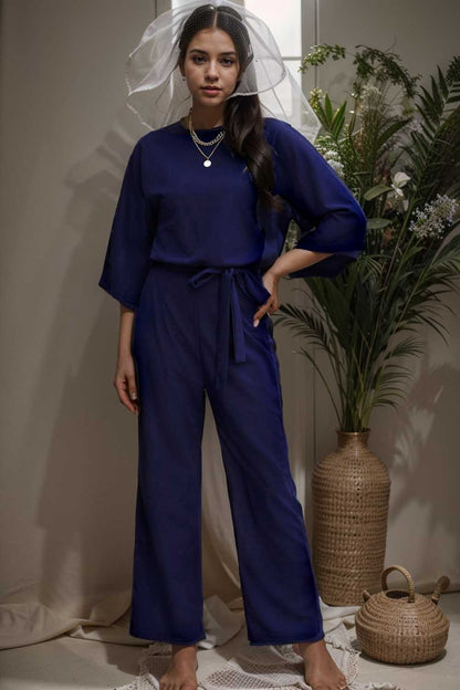 solid color one shoulder short sleeve jumpsuit 109713