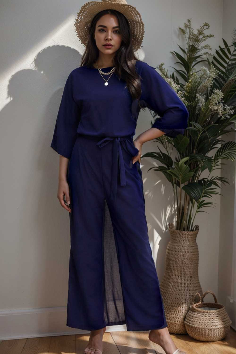 solid color one shoulder short sleeve jumpsuit 109086