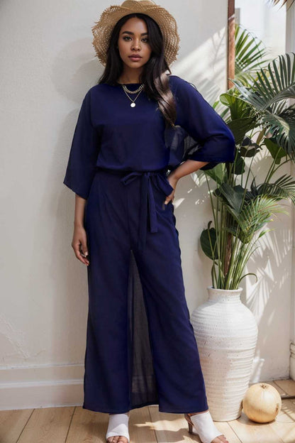 solid color one shoulder short sleeve jumpsuit 109085