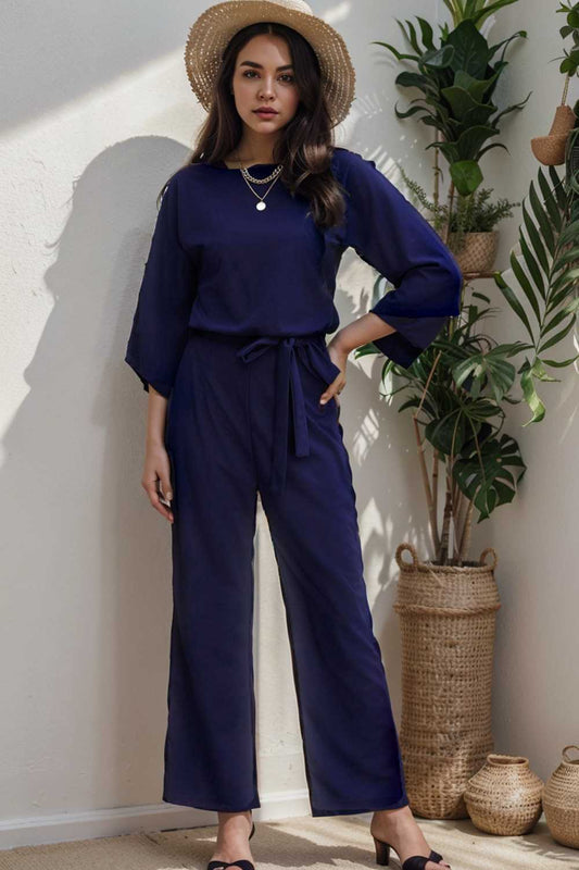 solid color one shoulder short sleeve jumpsuit 112734