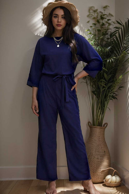 solid color one shoulder short sleeve jumpsuit 110169