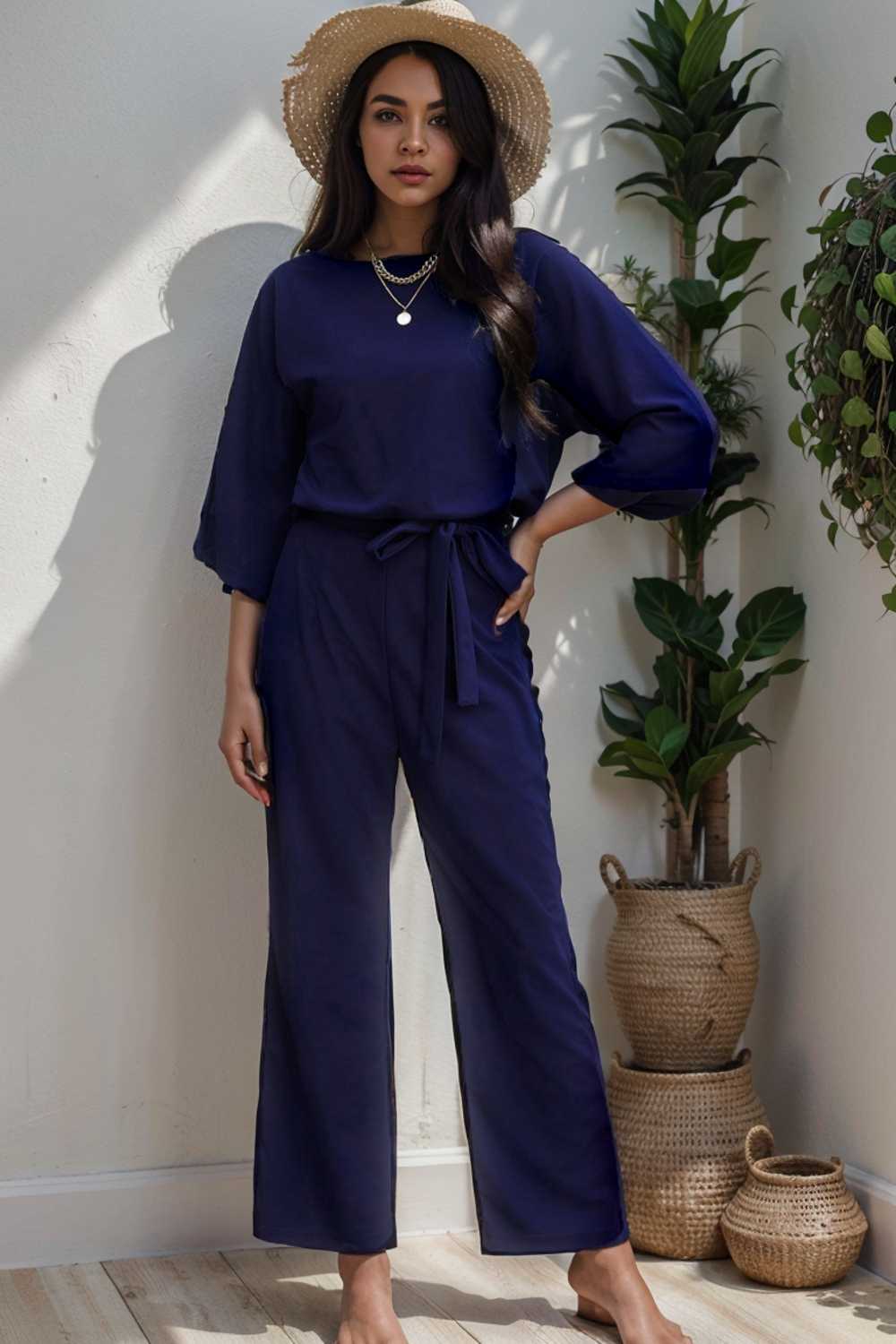 solid color one shoulder short sleeve jumpsuit 110164