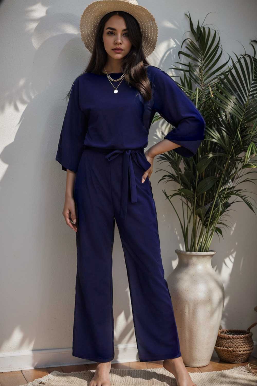 solid color one shoulder short sleeve jumpsuit 110161