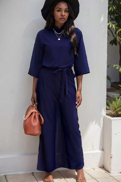 solid color one shoulder short sleeve jumpsuit 110151