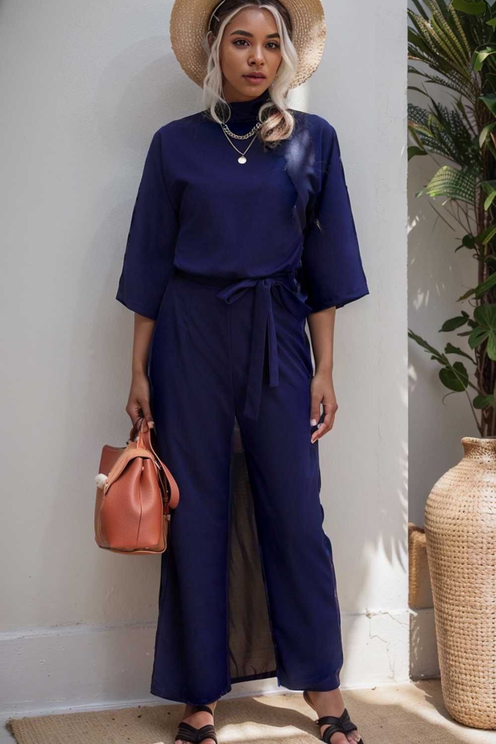 solid color one shoulder short sleeve jumpsuit 110149