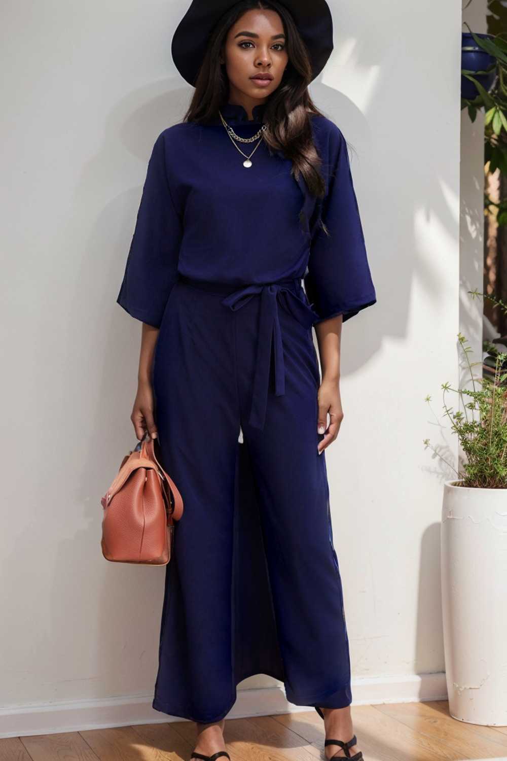 solid color one shoulder short sleeve jumpsuit 110146