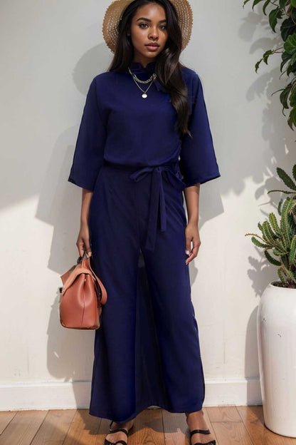 solid color one shoulder short sleeve jumpsuit 110144