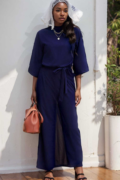 solid color one shoulder short sleeve jumpsuit 110143