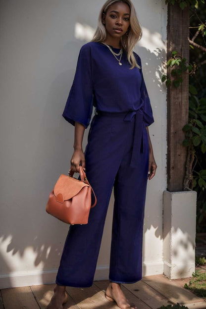 solid color one shoulder short sleeve jumpsuit 110133