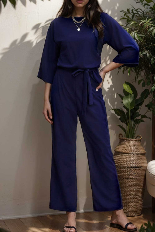 solid color one shoulder short sleeve jumpsuit 107940