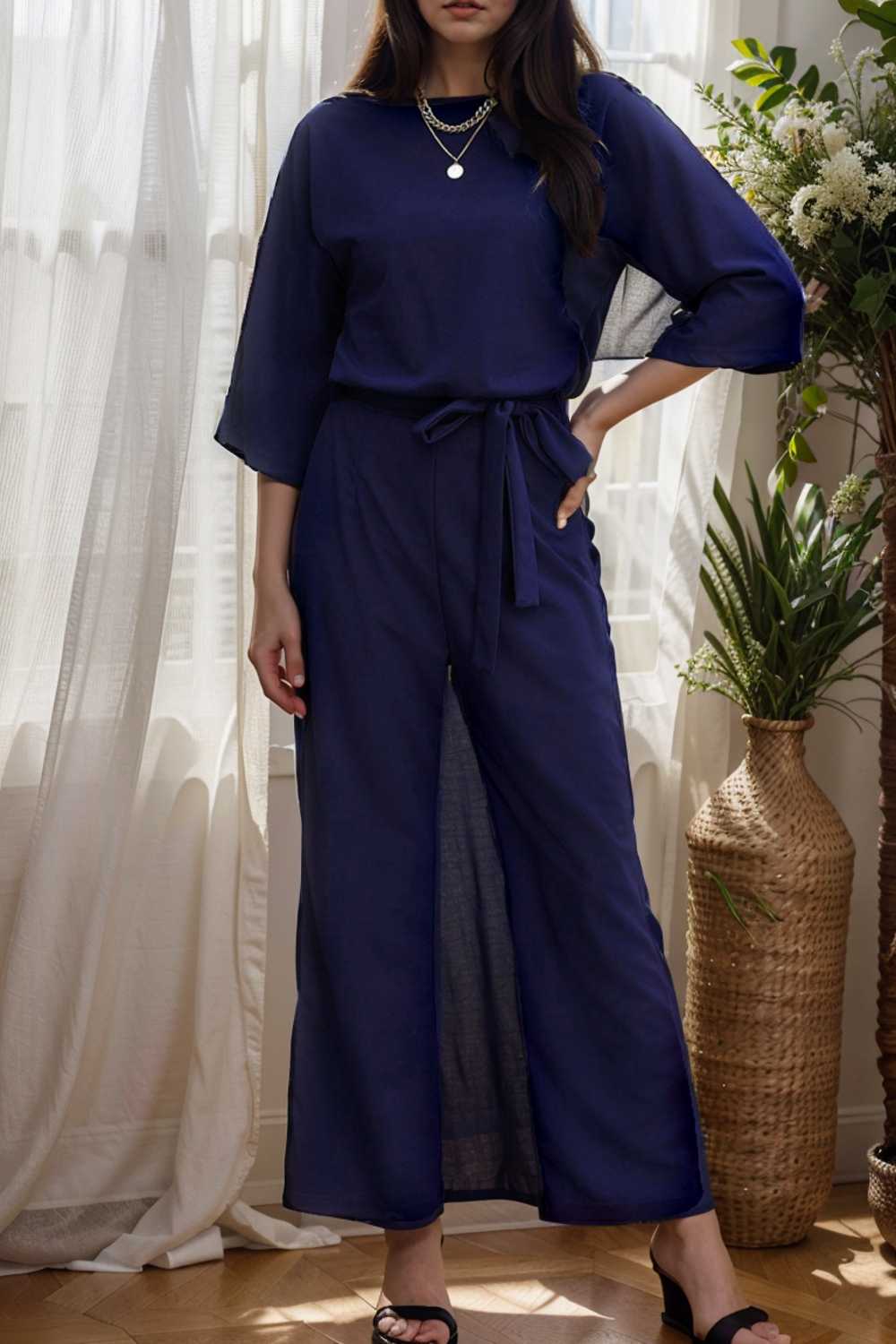 solid color one shoulder short sleeve jumpsuit 104979