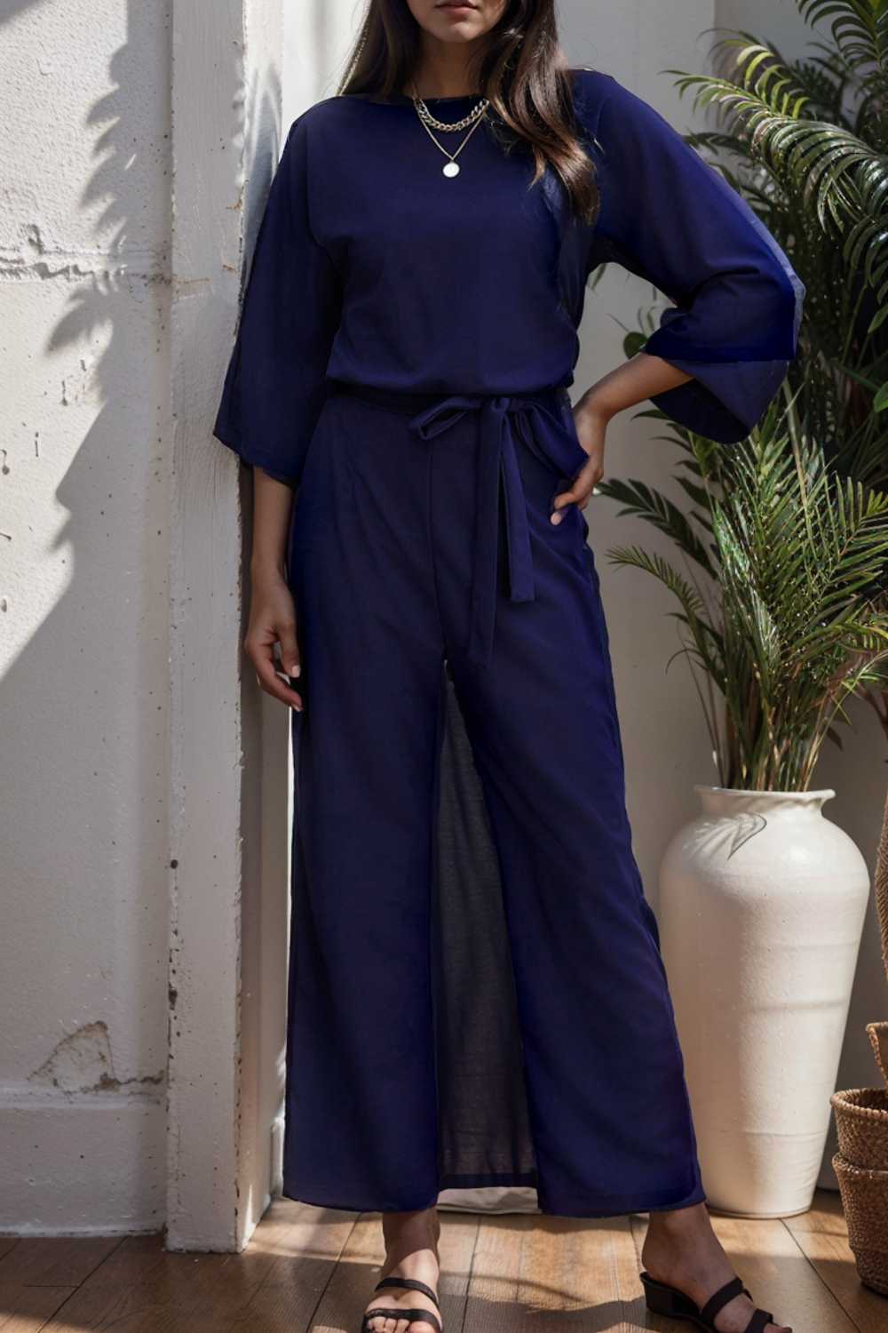 solid color one shoulder short sleeve jumpsuit 104978