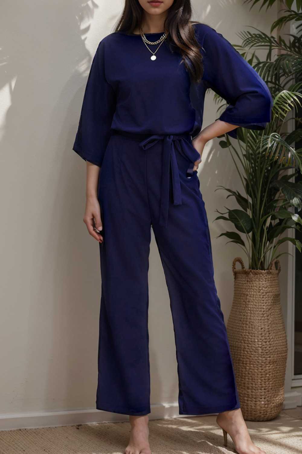 solid color one shoulder short sleeve jumpsuit 112188