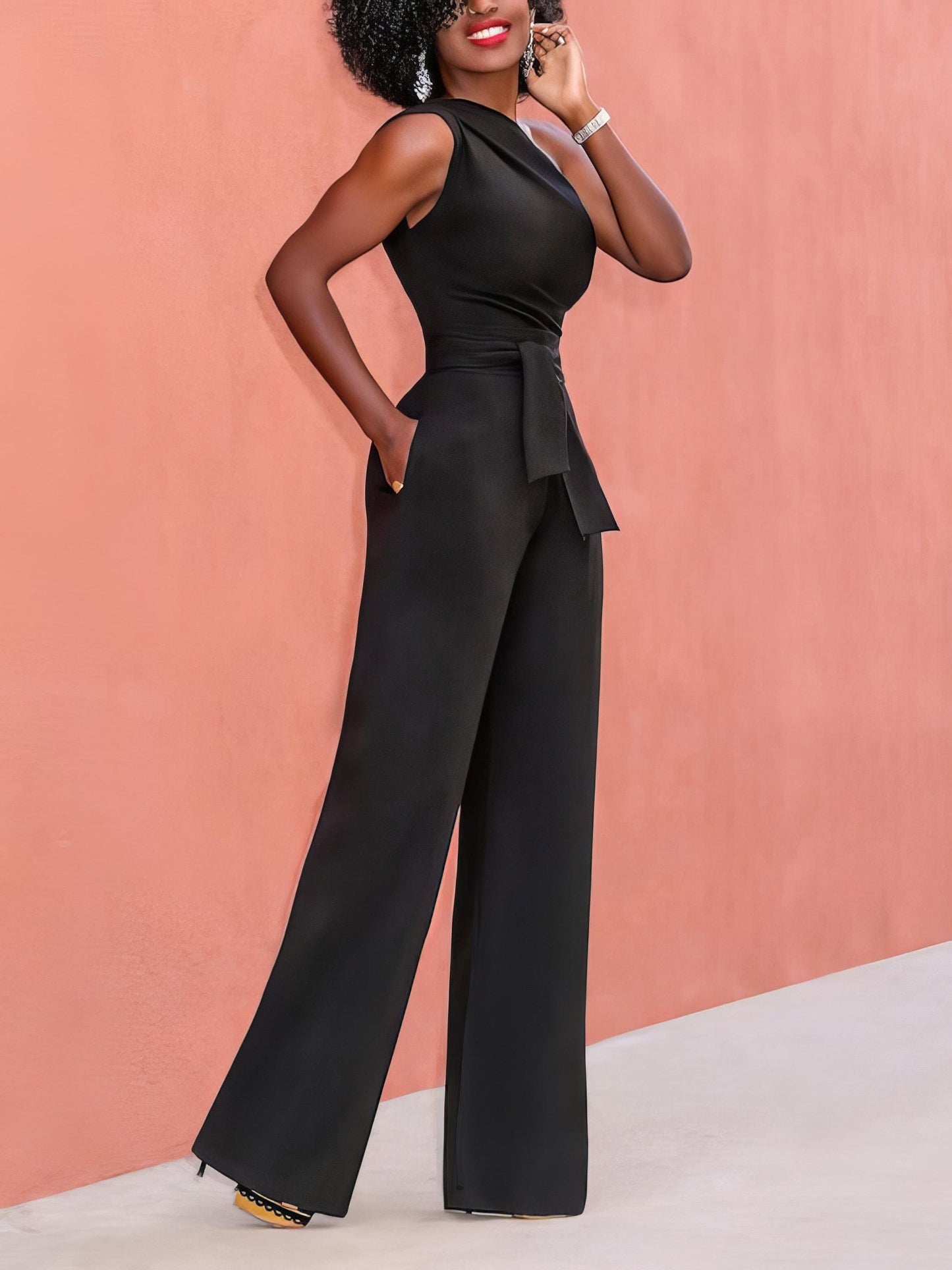 Solid Color One Shoulder Sleeveless Jumpsuit