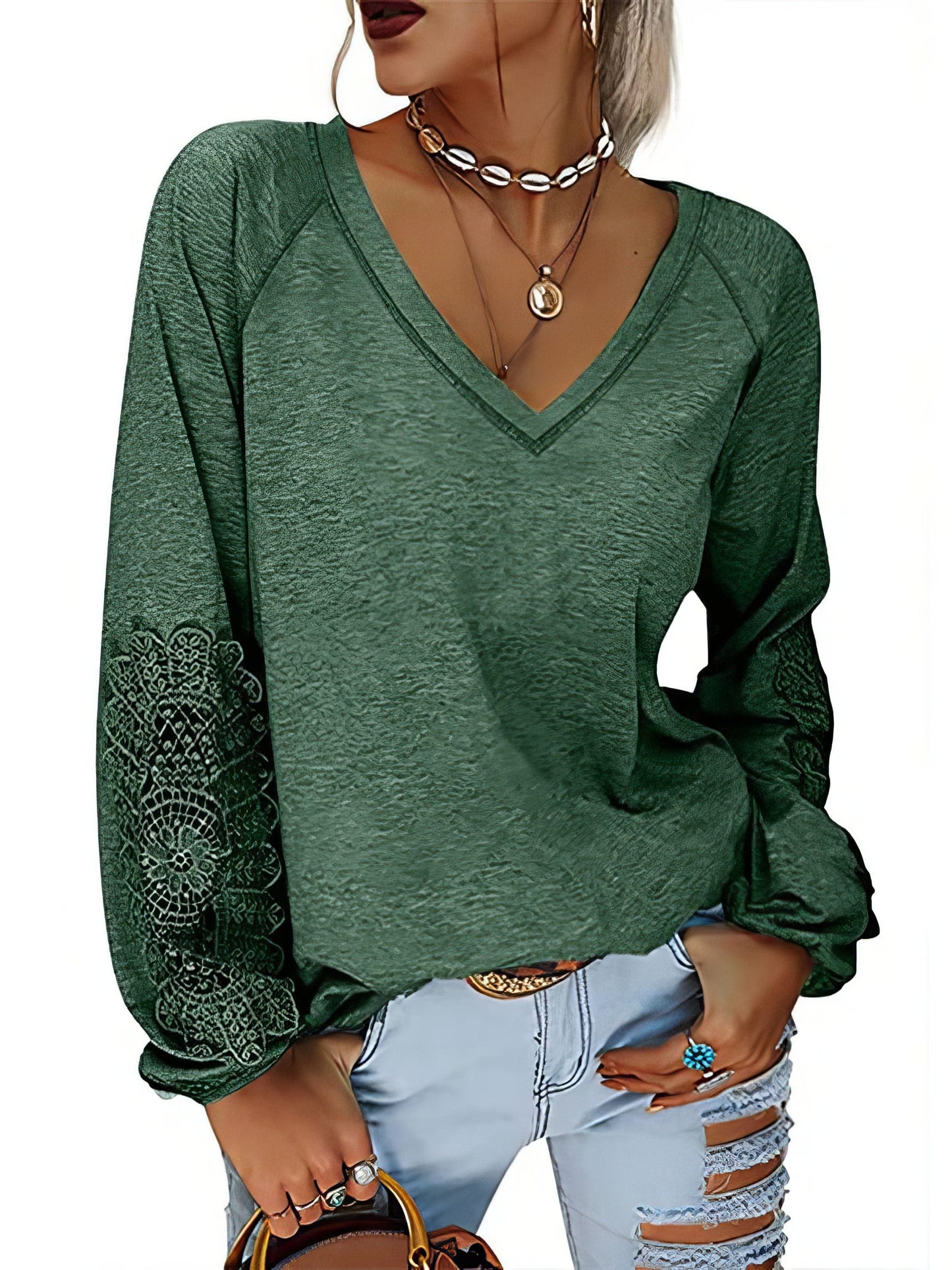 Solid Color Pullover V-Neck Lantern Sleeve T-Shirt