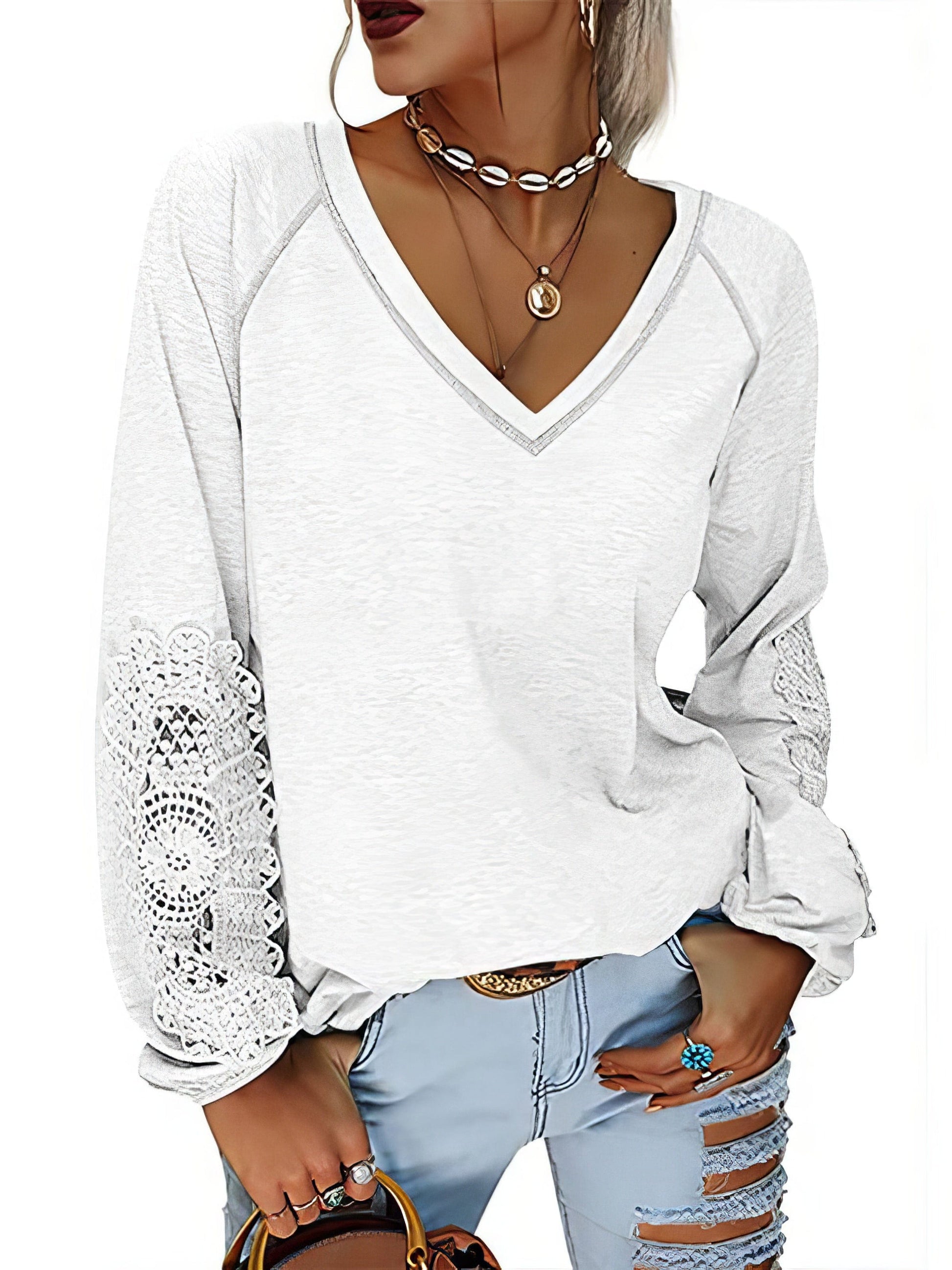 Solid Color Pullover V-Neck Lantern Sleeve T-Shirt