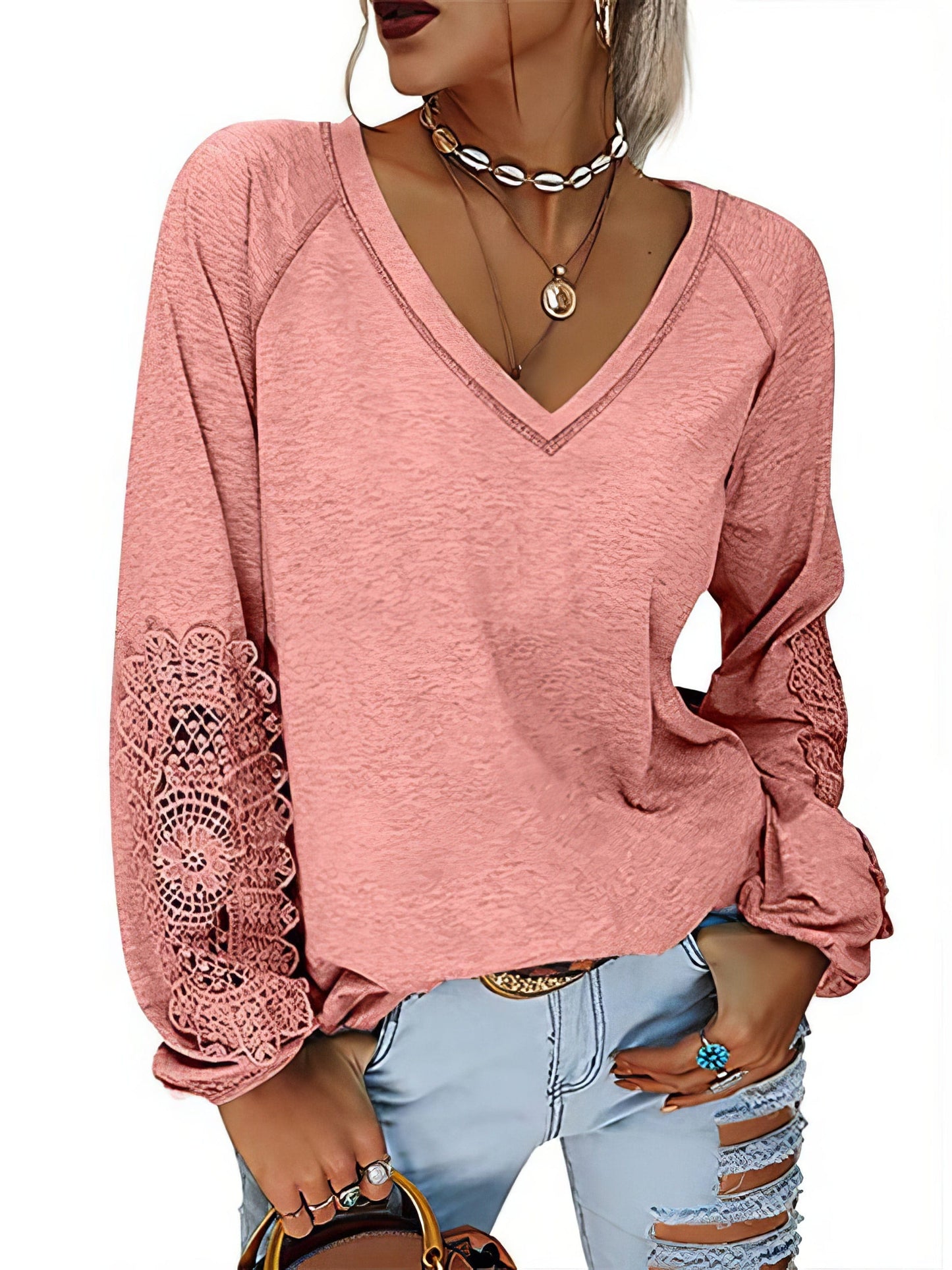 Solid Color Pullover V-Neck Lantern Sleeve T-Shirt