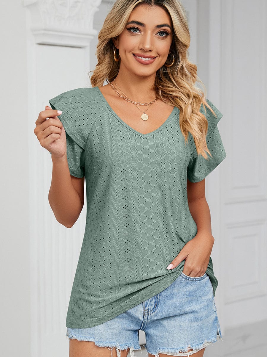 Solid Color V-Neck Loose Short Sleeve Double Sleeve T-Shirt