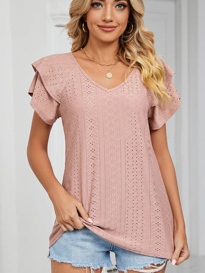 Solid Color V-Neck Loose Short Sleeve Double Sleeve T-Shirt