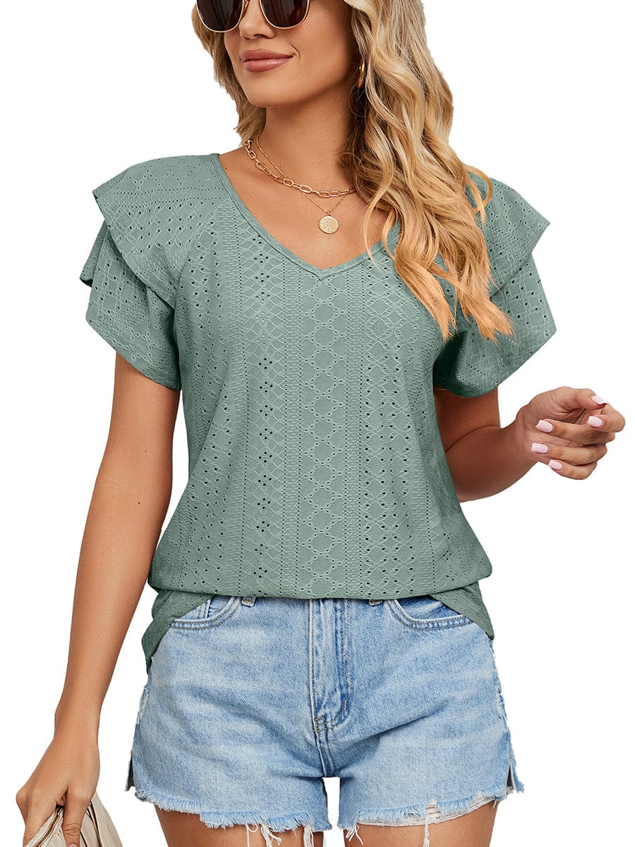 Solid Color V-Neck Loose Short Sleeve Double Sleeve T-Shirt