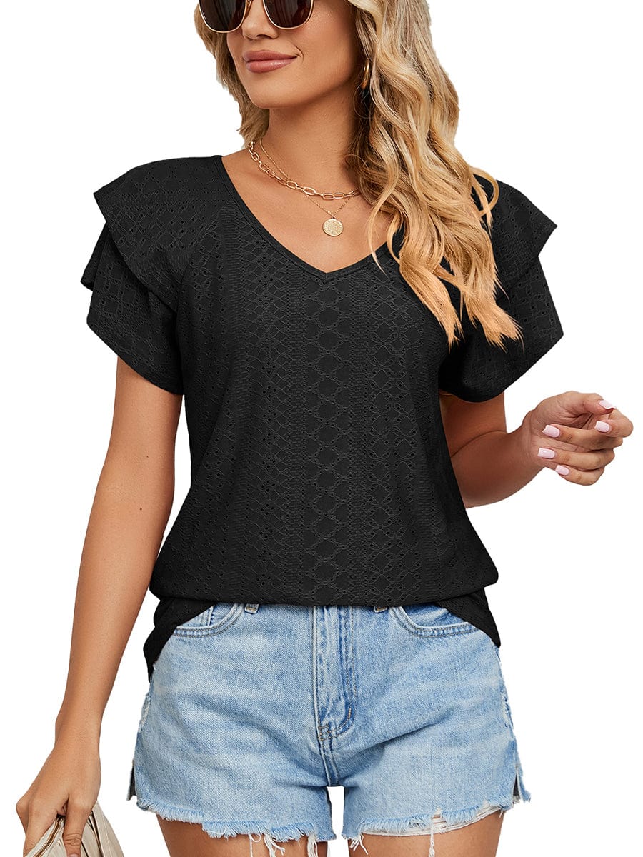 Solid Color V-Neck Loose Short Sleeve Double Sleeve T-Shirt