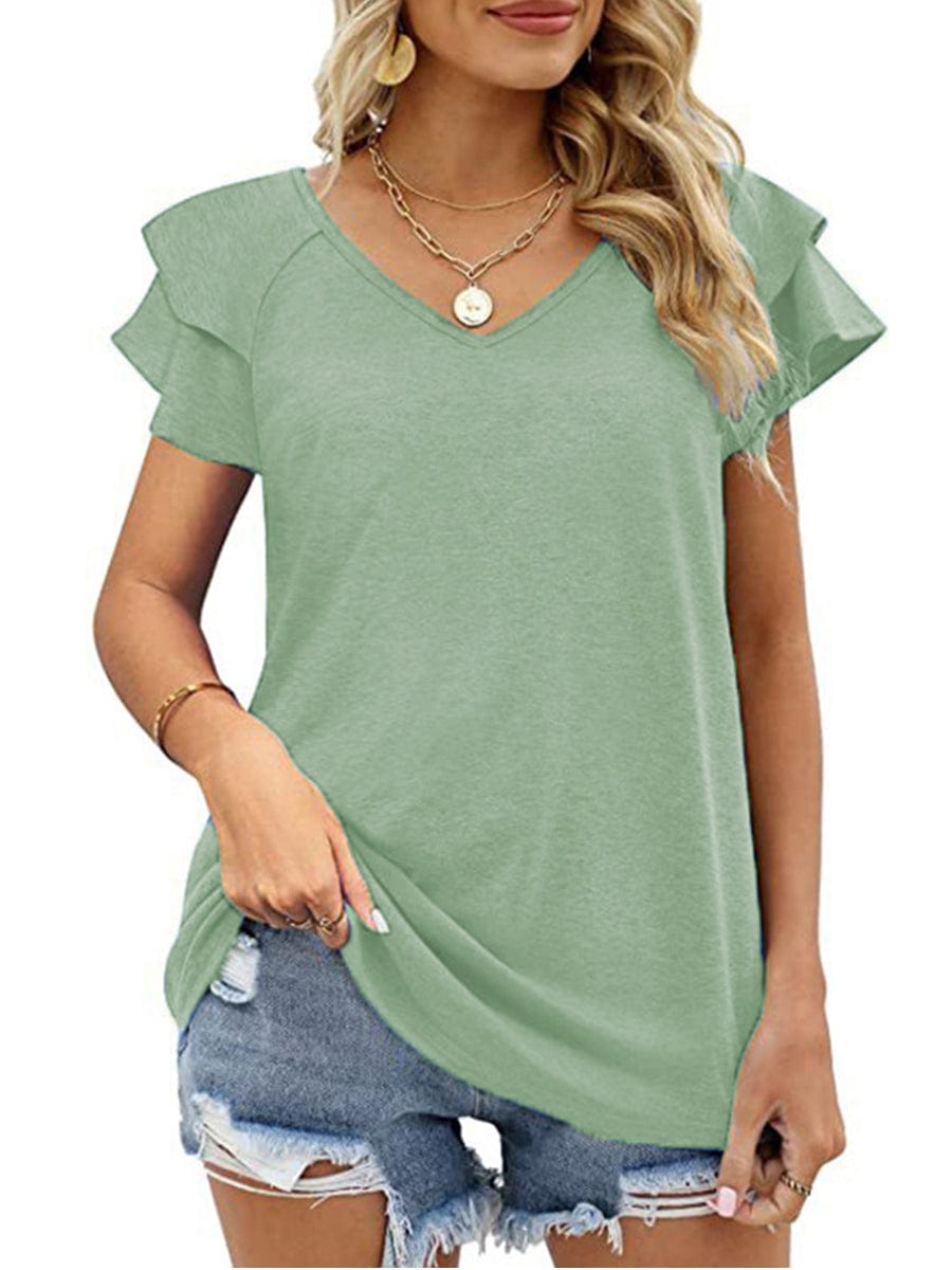 Solid Color V-Neck Ruffled Sleeves Loose T-Shirt