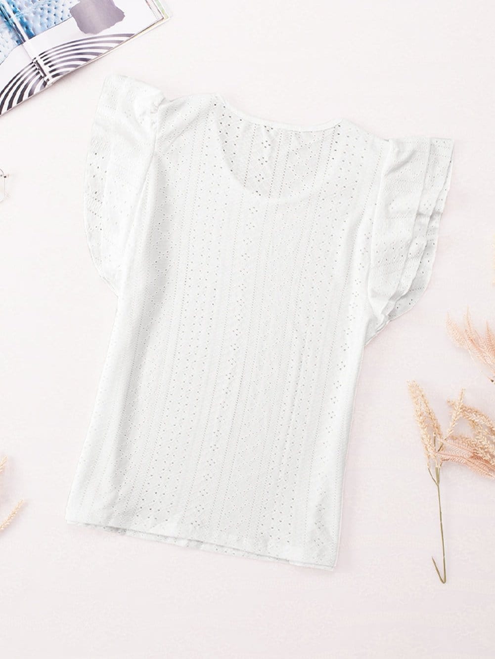 Solid Color V-Neck Ruffled Sleeves Loose T-Shirt