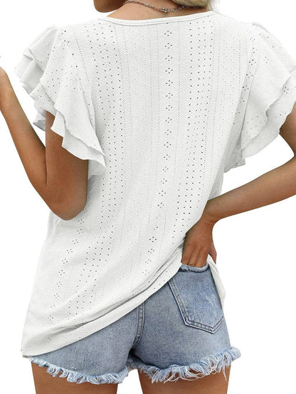 Solid Color V-Neck Ruffled Sleeves Loose T-Shirt