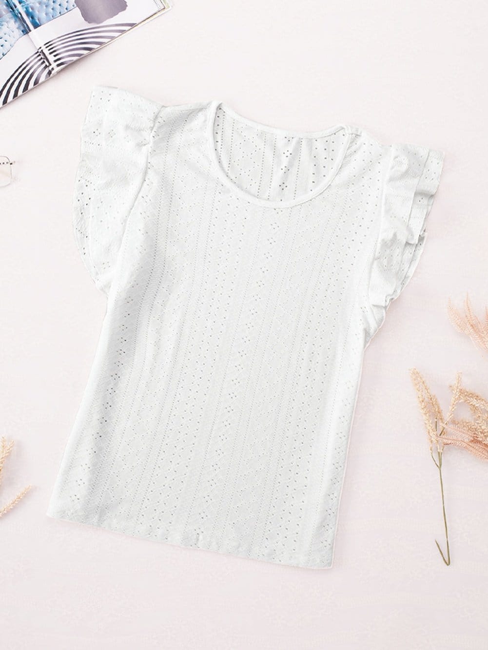 Solid Color V-Neck Ruffled Sleeves Loose T-Shirt