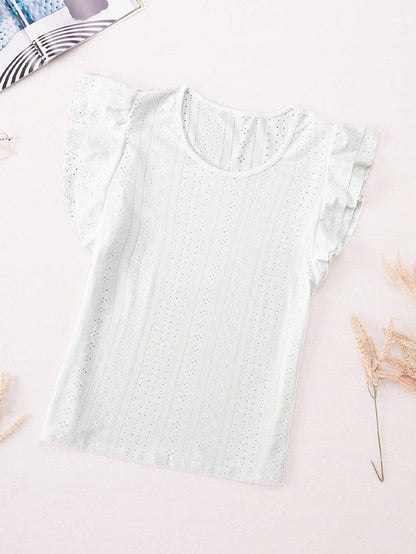 Solid Color V-Neck Ruffled Sleeves Loose T-Shirt