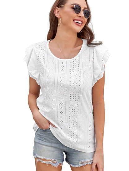 Solid Color V-Neck Ruffled Sleeves Loose T-Shirt