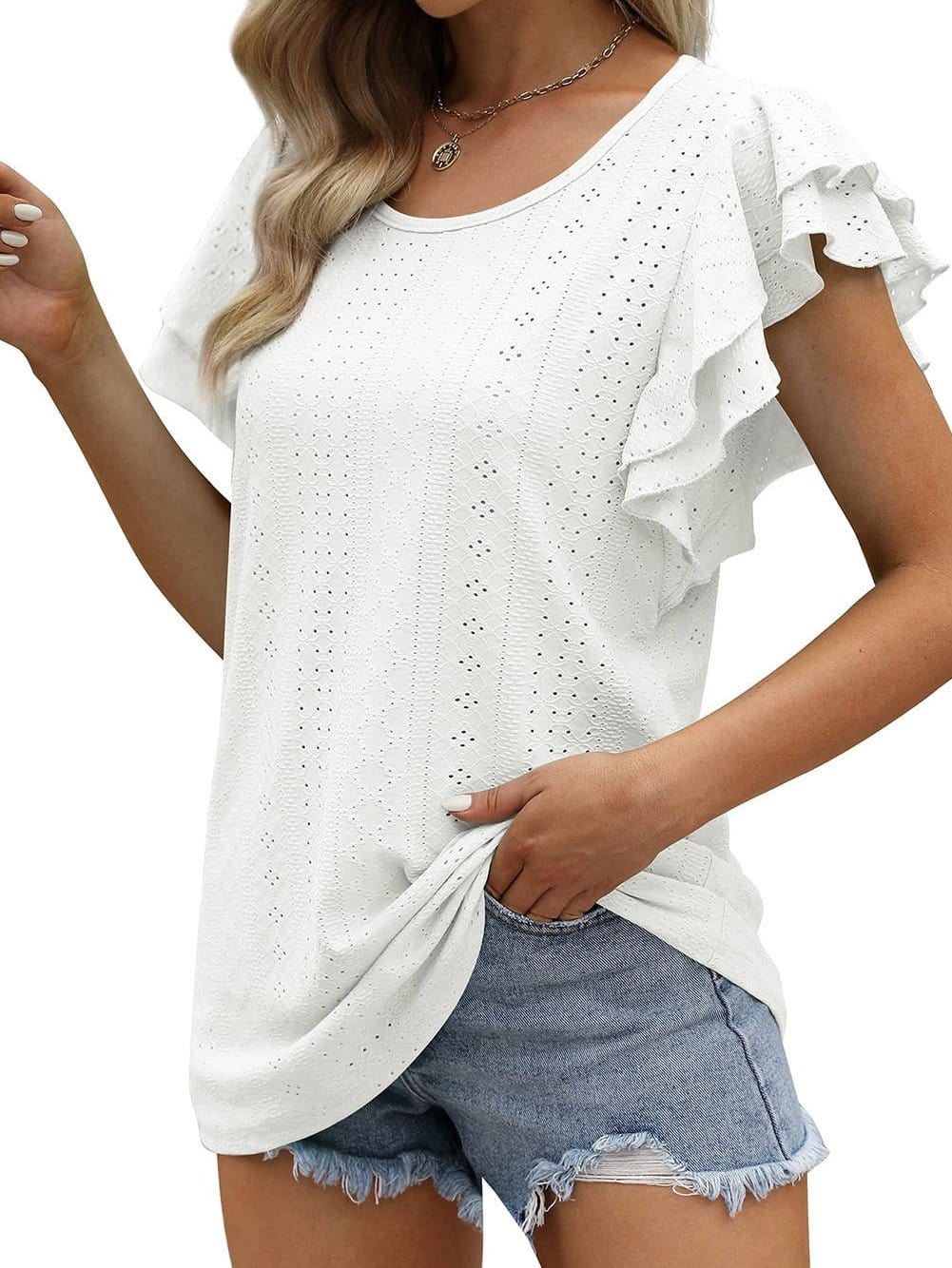 Solid Color V-Neck Ruffled Sleeves Loose T-Shirt