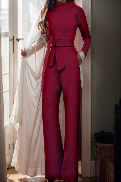 solid five point sleeve belted wide leg jumpsuit 108434