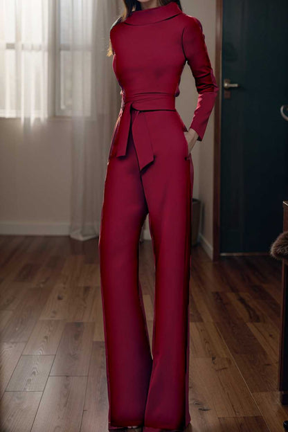 solid five point sleeve belted wide leg jumpsuit 110298