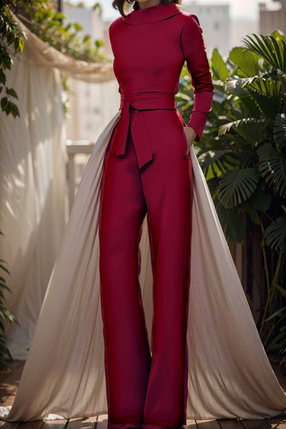 solid five point sleeve belted wide leg jumpsuit 104962
