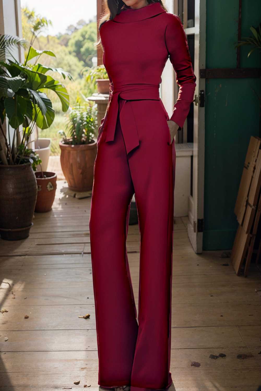 solid five point sleeve belted wide leg jumpsuit 104960