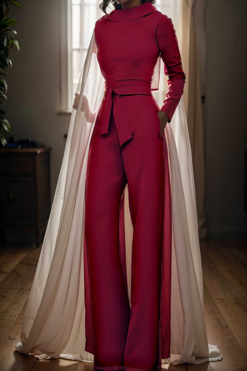 solid five point sleeve belted wide leg jumpsuit 112138