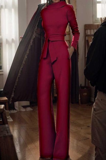 solid five point sleeve belted wide leg jumpsuit 104957