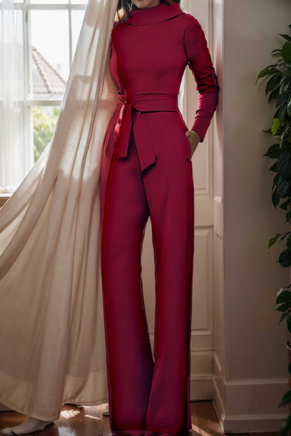 solid five point sleeve belted wide leg jumpsuit 112134