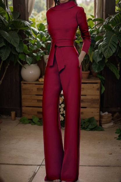 solid five point sleeve belted wide leg jumpsuit 112132