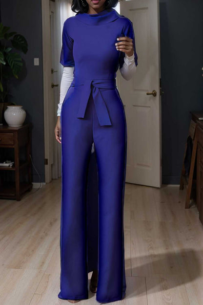 solid five point sleeve belted wide leg jumpsuit 111067