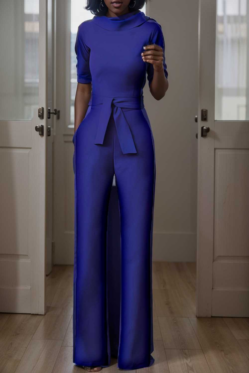 solid five point sleeve belted wide leg jumpsuit 108432