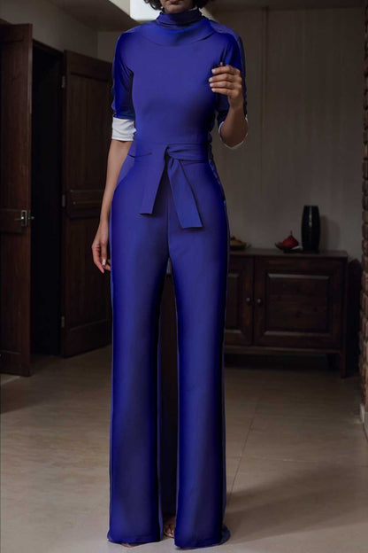 solid five point sleeve belted wide leg jumpsuit 104955