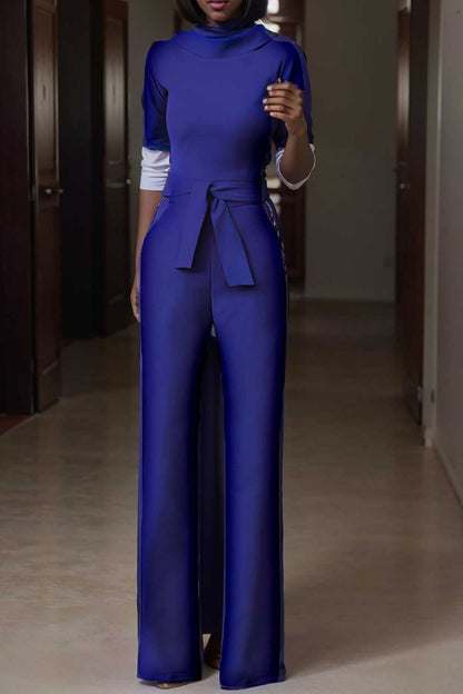 solid five point sleeve belted wide leg jumpsuit 108431
