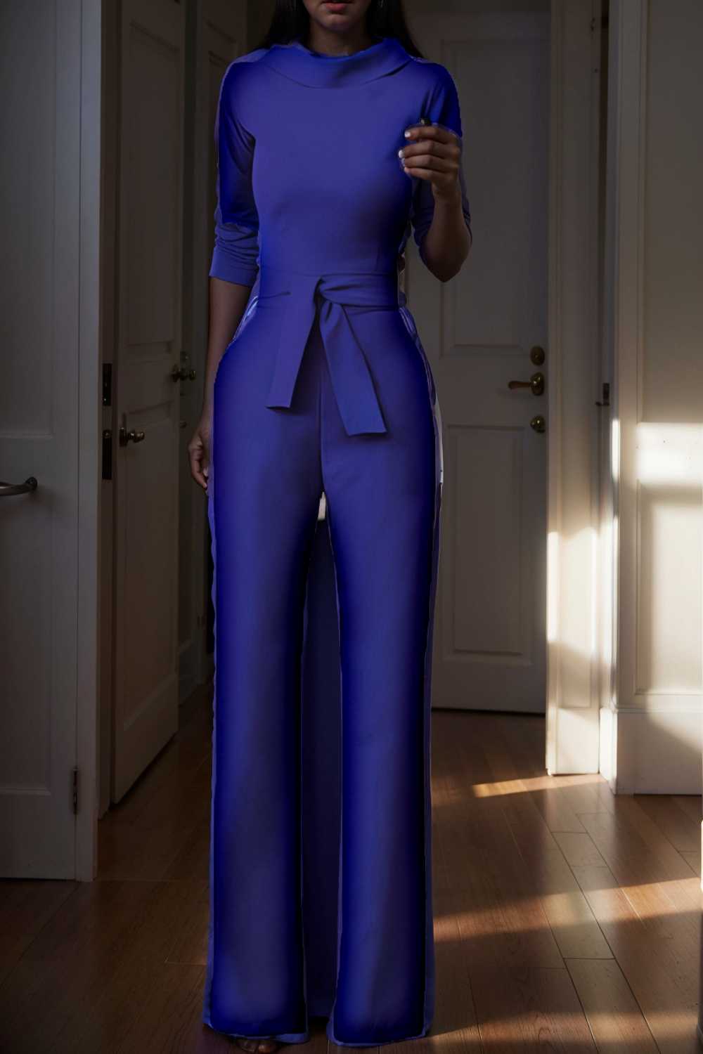 solid five point sleeve belted wide leg jumpsuit 104954