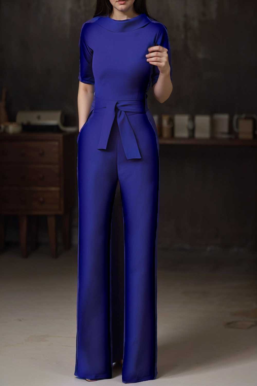 solid five point sleeve belted wide leg jumpsuit 104953