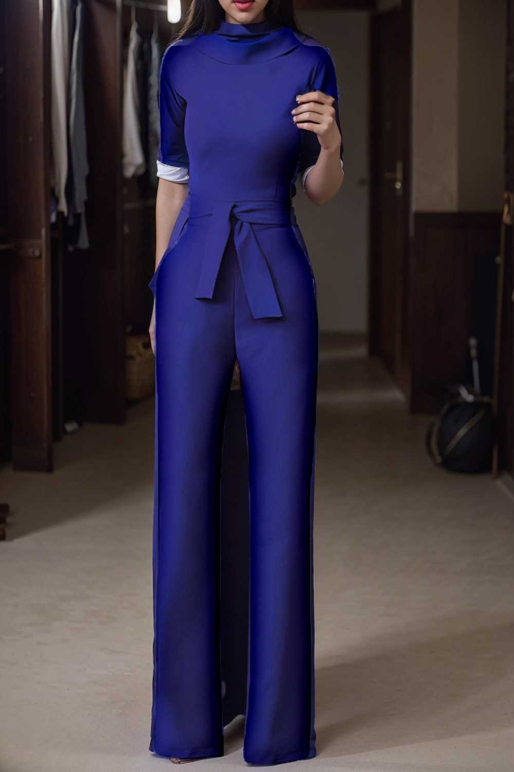 solid five point sleeve belted wide leg jumpsuit 108430