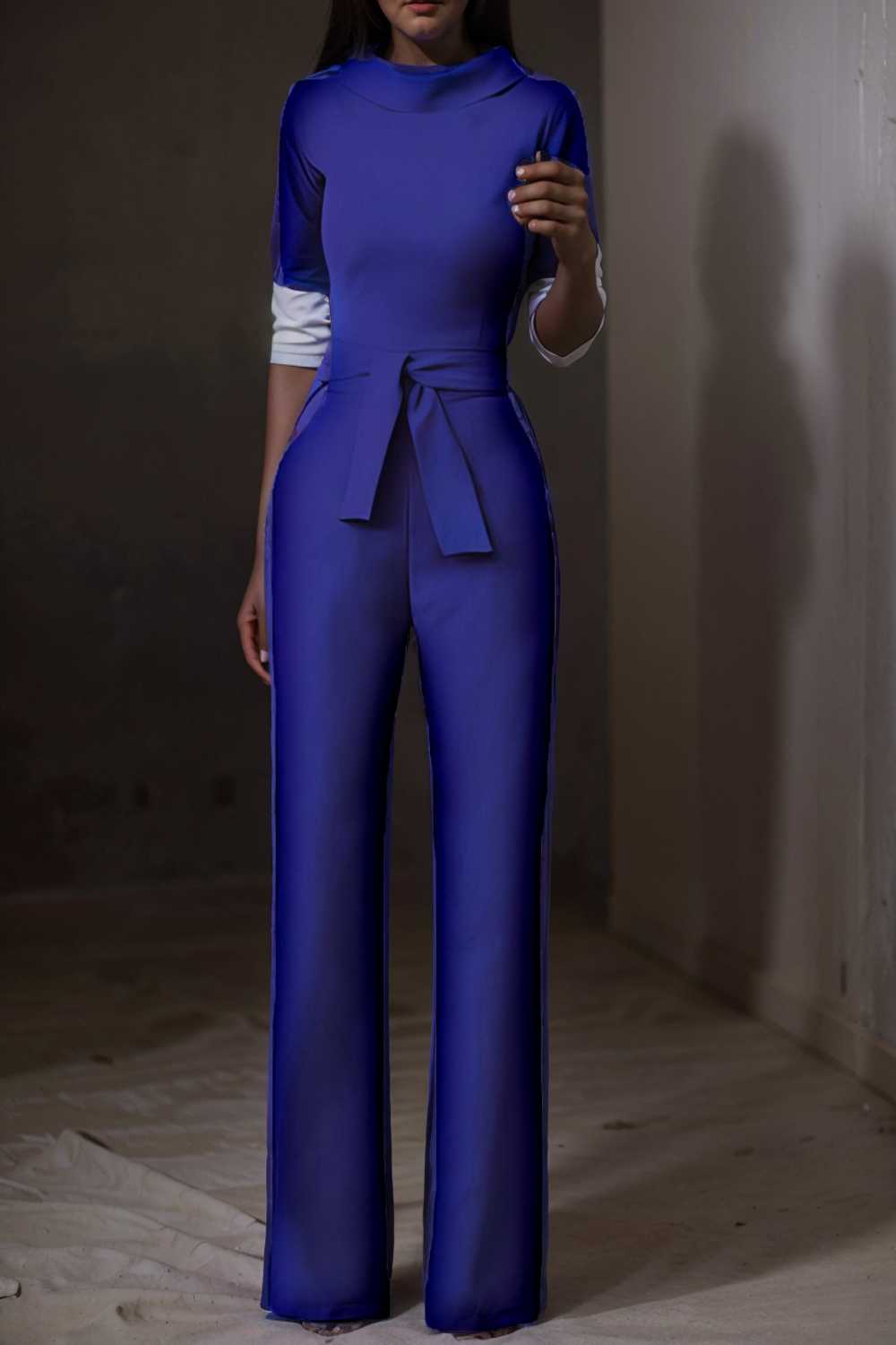 solid five point sleeve belted wide leg jumpsuit 104952